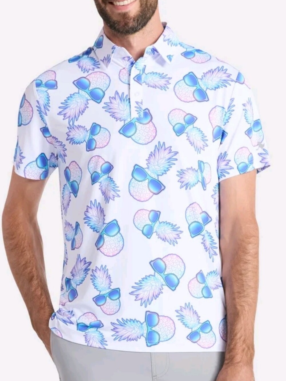 NWT BirdieBound White Tropical Pineapple Print Golf Polo Shirt
